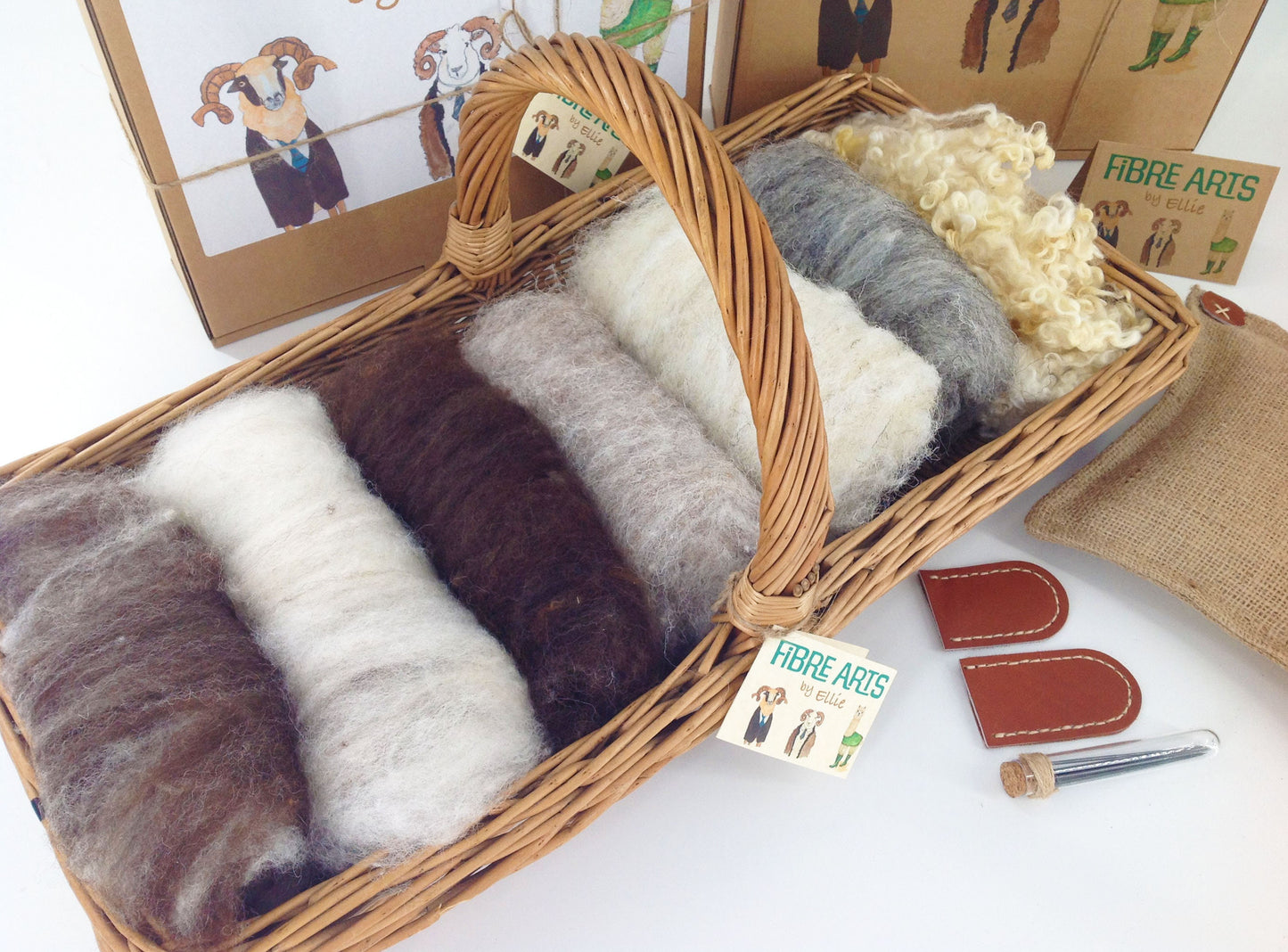 Needle Starter Felting Kit. Hessian Matt, 200g British Carded Wool. Hand Stitched Leather Hide Finger Protectors, 10 Felting Needles
