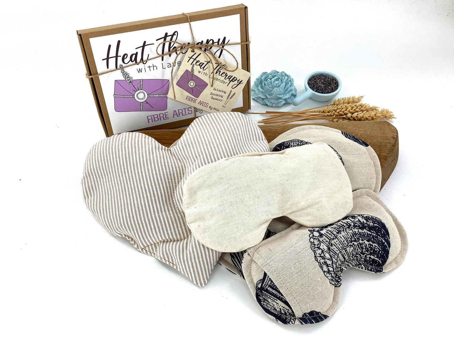 Lavender Seashells Wheat Bag Gift Set. Heart Microwave Wheat Bag and Eye Pillow with covers. Aromatherapy Warming Heat Therapy. Handcrafted