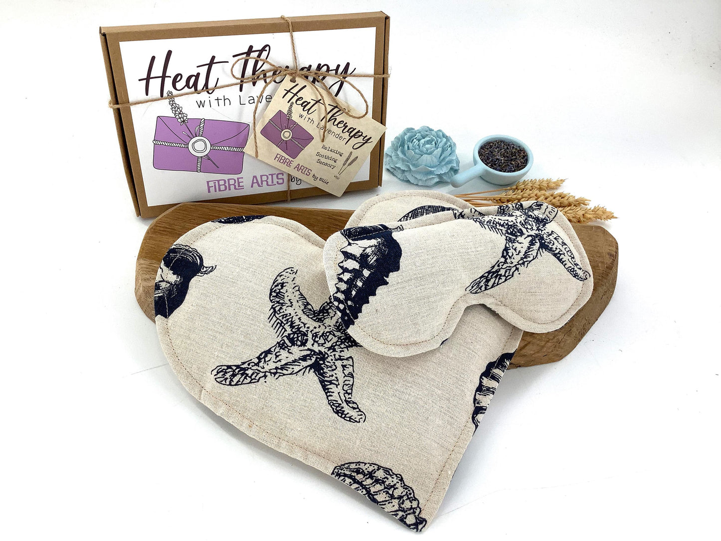 Lavender Seashells Wheat Bag Gift Set. Heart Microwave Wheat Bag and Eye Pillow with covers. Aromatherapy Warming Heat Therapy. Handcrafted