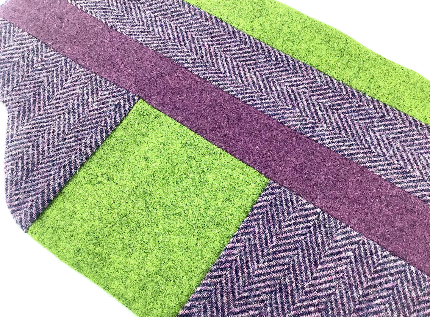 Abraham Moon Tweed Wool Patchwork Hot Water Bottle Cover. Bottle Shaped Wheat Bag Heat Pack. Batik Fabric Lining. Purple and Green