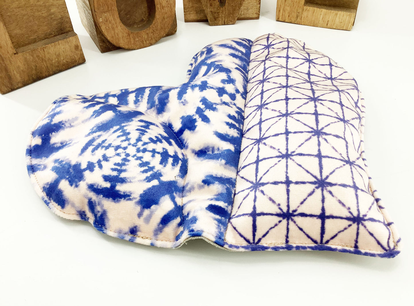 Japanese Shibori Print Heart Shaped Wheat Bag. Scented or Unscented Handmade Heat Therapy Wellness Gift