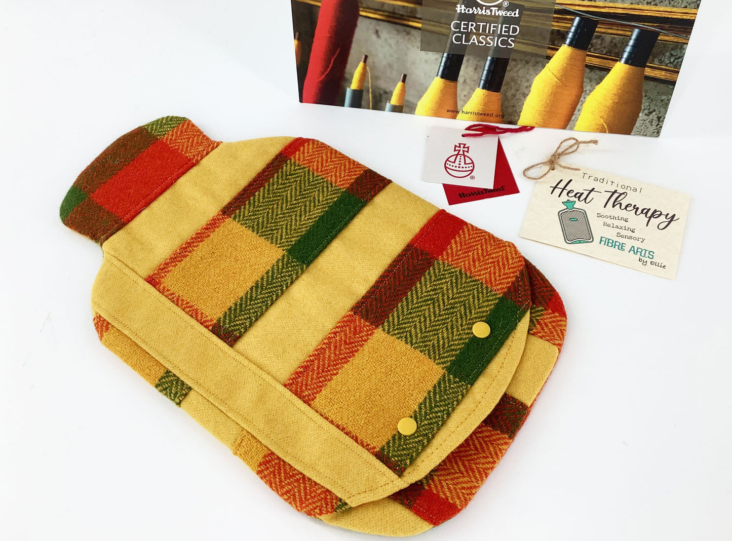 Harris Tweed Hot Water Bottle Cover Golden Yellow Patchwork Leaf Applique. Heat Therapy Relaxation Mindfulness Eco Gift for Her