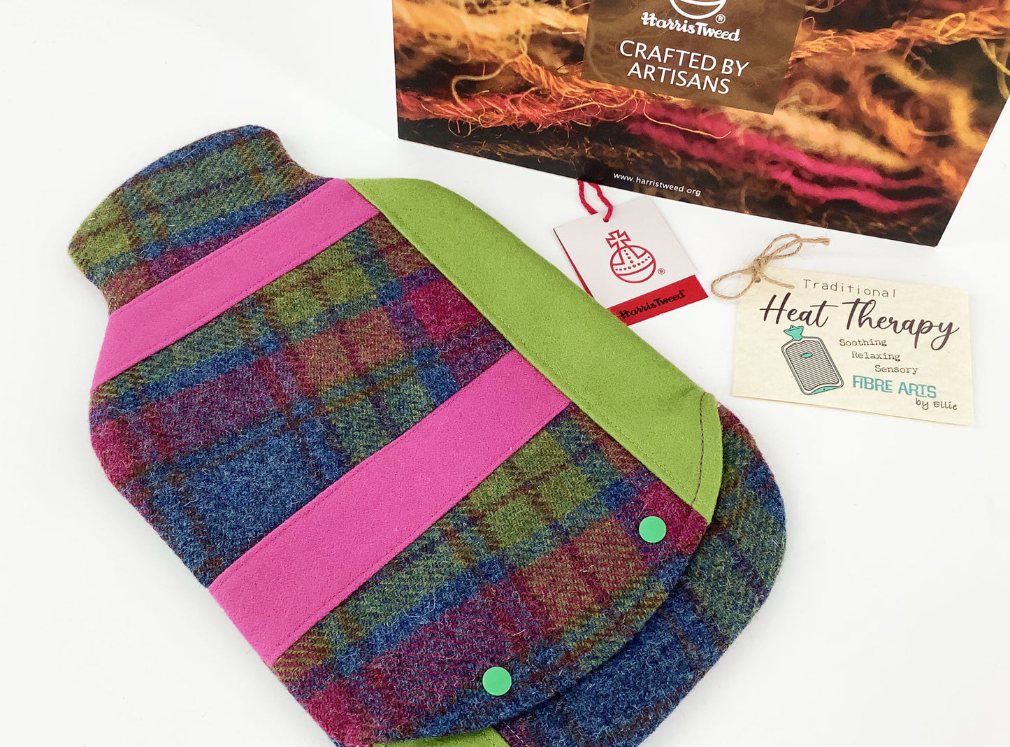 Harris Tweed Hot Water Bottle Cover Patchwork Wandering Flower Applique. Wool Heat Therapy Relaxation Mindfulness Eco Gift for Her
