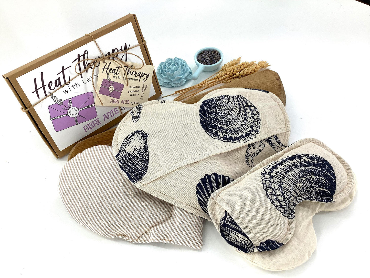 Lavender Seashells Wheat Bag Gift Set. Heart Microwave Wheat Bag and Eye Pillow with covers. Aromatherapy Warming Heat Therapy. Handcrafted