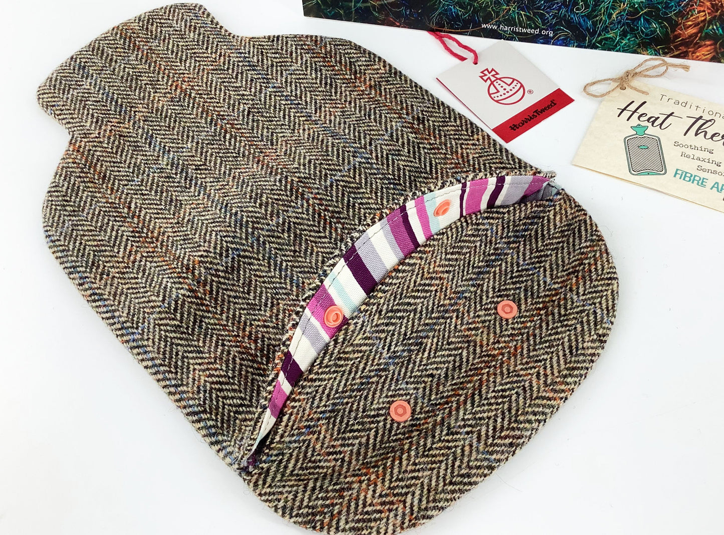Harris Tweed Hot Water Bottle Cover. Delicate Flower Wool Applique. Heat Therapy Relaxation Mindfulness Gift for Her