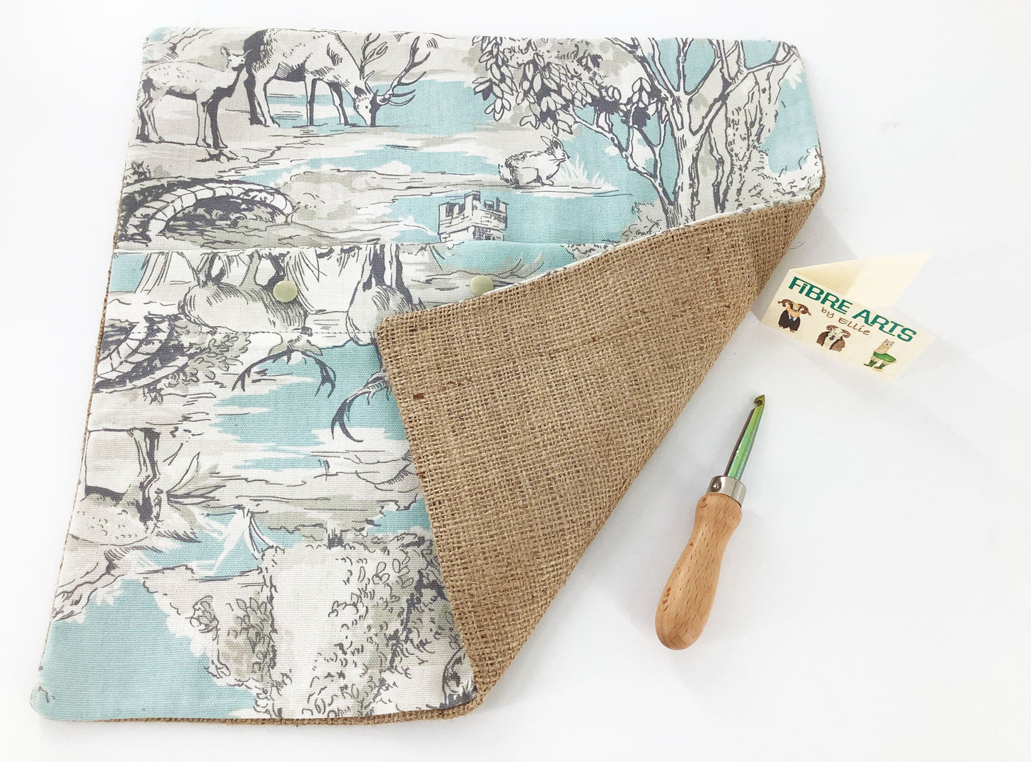 Beginner Easy No Sew Rag Rug Kit. Rug Making Tools and Pale Blue Print Cotton and Burlap Finished Cushion