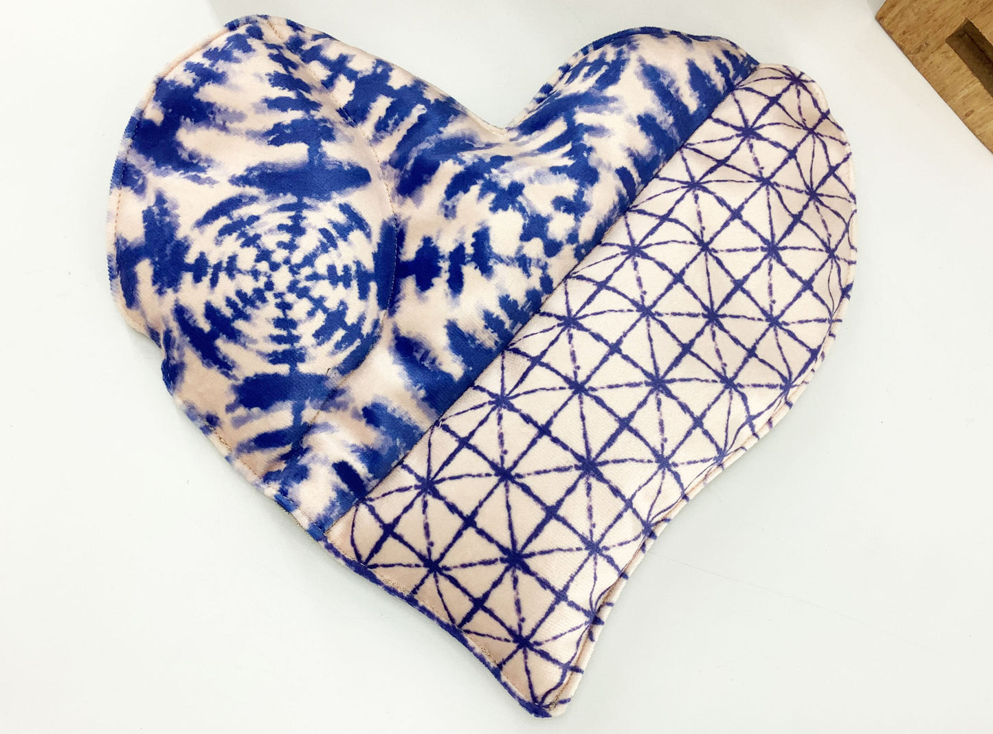 Japanese Shibori Print Heart Shaped Wheat Bag. Scented or Unscented Handmade Heat Therapy Wellness Gift