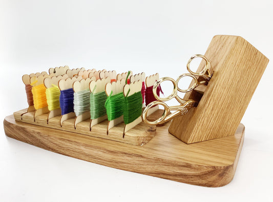 Wooden Floss Bobbin Rack with Scissors Storage. Solid Oak Embroidery Thread Bobbin Holder. Handcrafted Craft Caddy