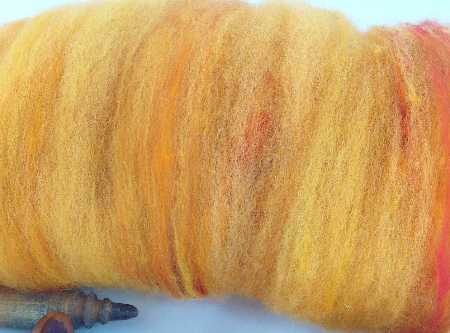 Art Batt for Spinning 100g. Hand Washed, Dyed and Carded Jacob Wool in Bright Warm Yellow with hint of Orange, Red and Brown Merino Wool