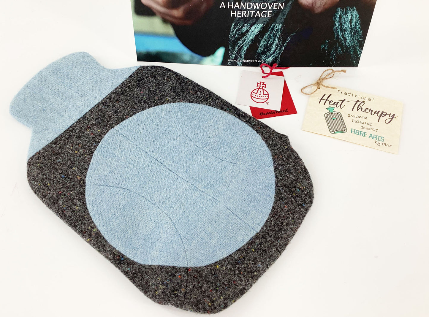Harris Tweed Hot Water Bottle Cover. Pale Blue Dark Grey Patchwork Ball. Cosy Wool Heat Therapy Relaxation Mindfulness Eco Gift