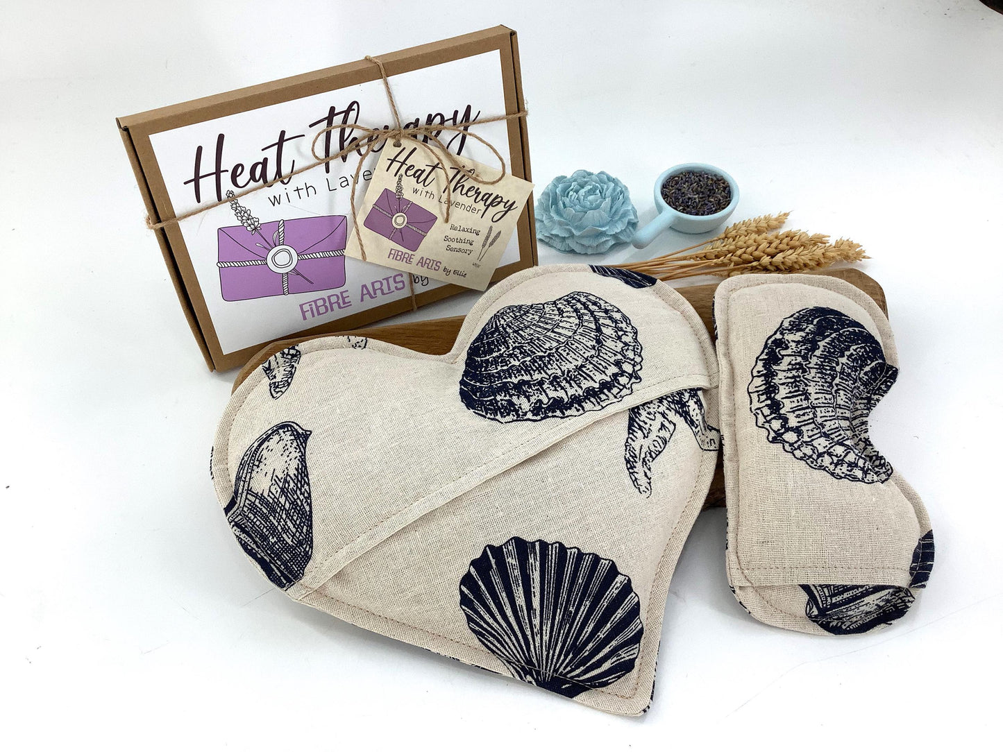 Lavender Seashells Wheat Bag Gift Set. Heart Microwave Wheat Bag and Eye Pillow with covers. Aromatherapy Warming Heat Therapy. Handcrafted