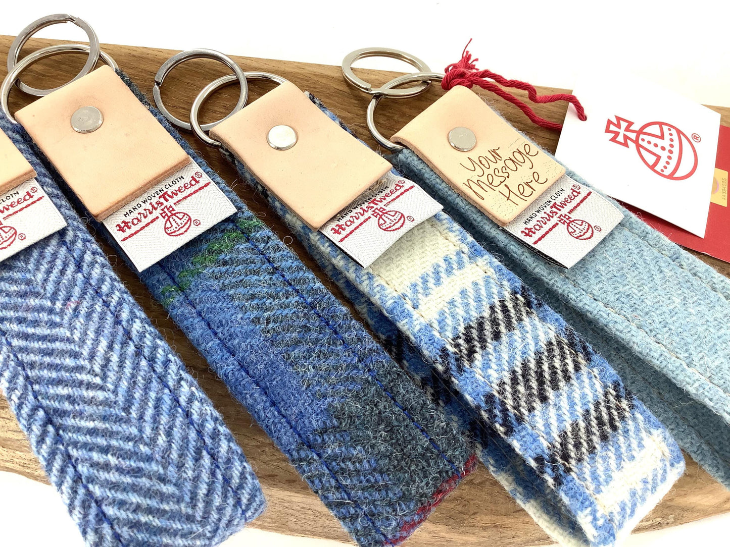 Harris Tweed Keyring with Natural Leather Hide Trim. Handcrafted Personalised Wool Gift