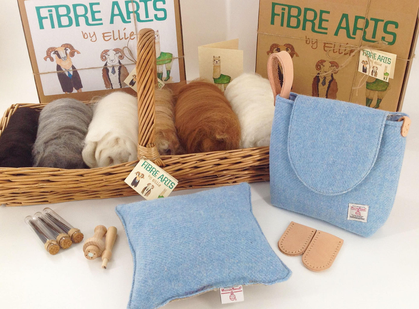 Premium Needle Felting Kit. Harris Tweed Bag and Wool Filled Needle Felting Mat, Multi Tool, Alpaca Fibre, Veg Tan Leather Finger Protectors