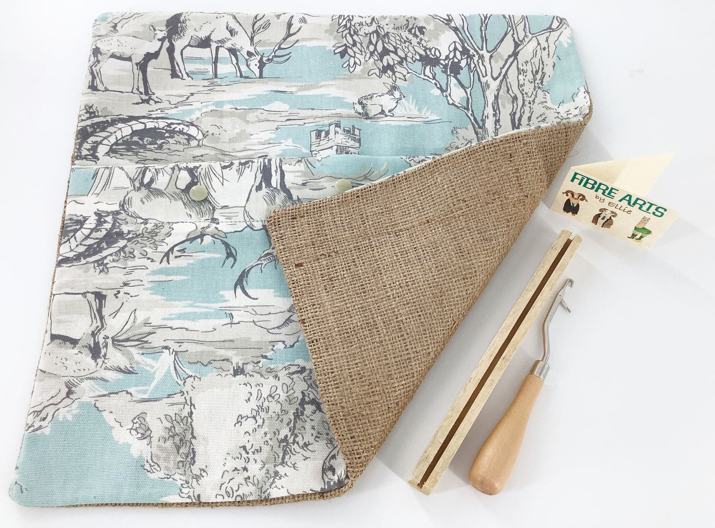 Beginner Easy No Sew Rag Rug Kit. Rug Making Tools and Pale Blue Print Cotton and Burlap Finished Cushion