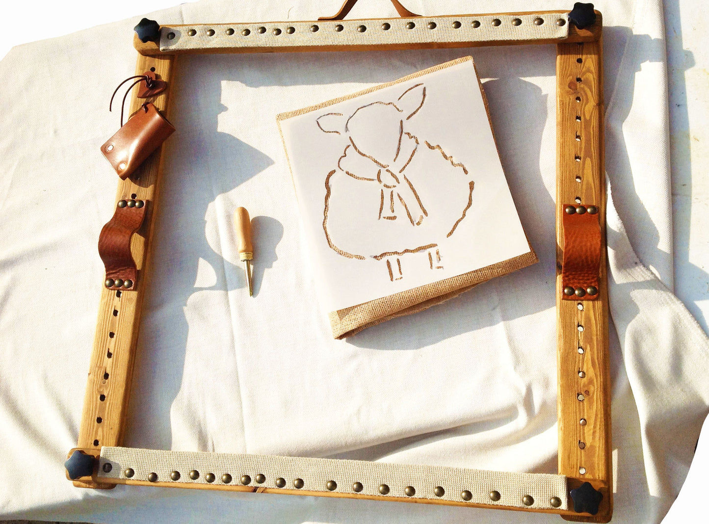 Traditional Rug Hooking Frame Punch Needle or Rag Rug. Sheep Starter Kit with Hessian, Rug Hooking Hook and Wool Strip Selection