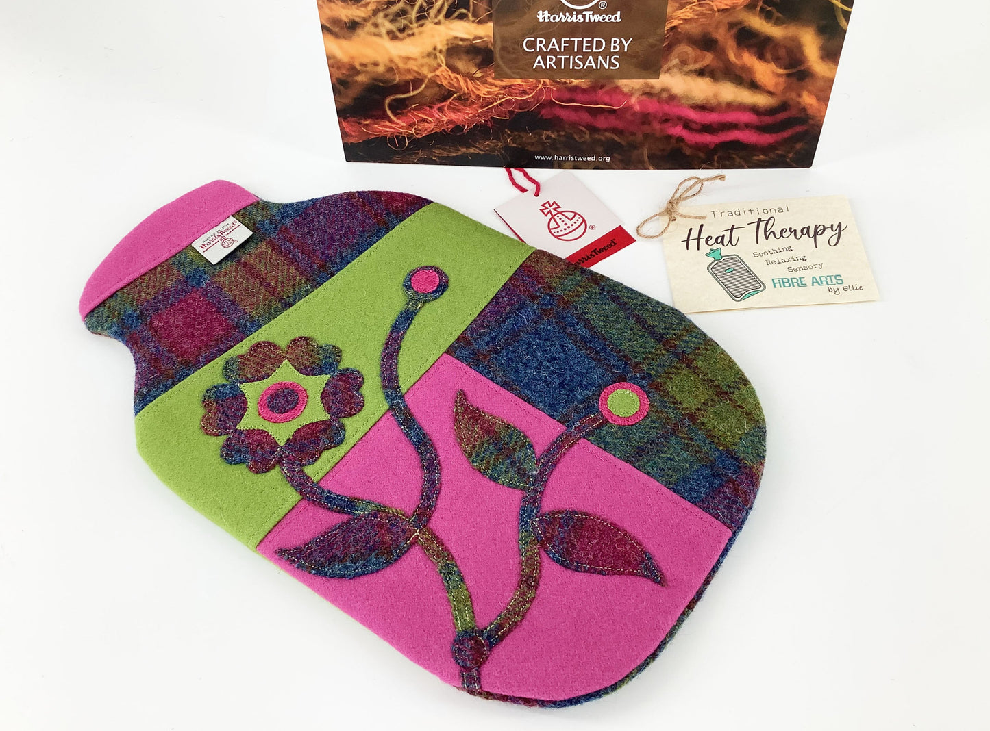 Harris Tweed Hot Water Bottle Cover Patchwork Wandering Flower Applique. Wool Heat Therapy Relaxation Mindfulness Eco Gift for Her