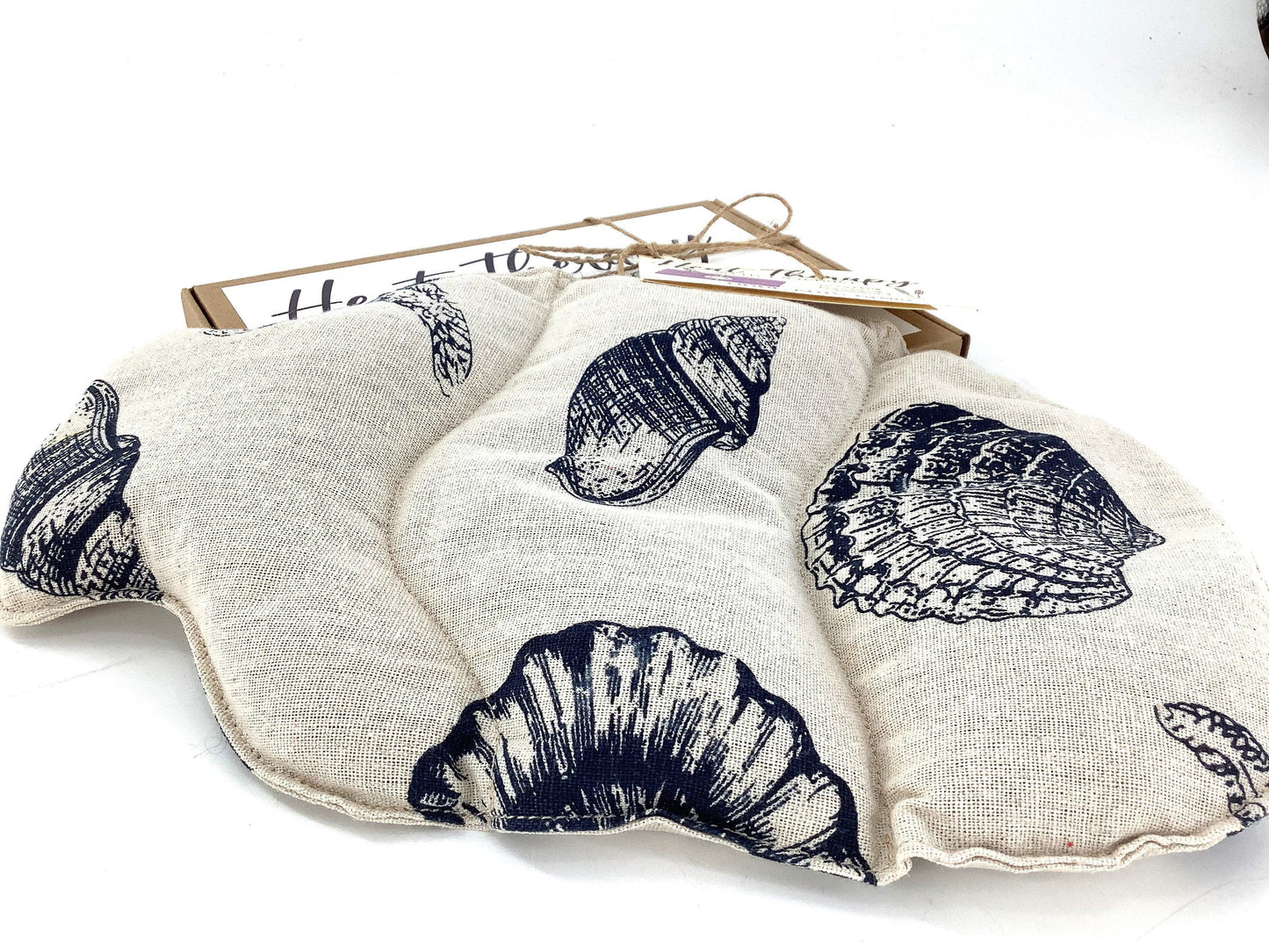 Seashells Cotton Linen 2L Bottle Shaped Wheat Bag. Lavender Scented or Unscented Beach Themed Nautical Warming Gift