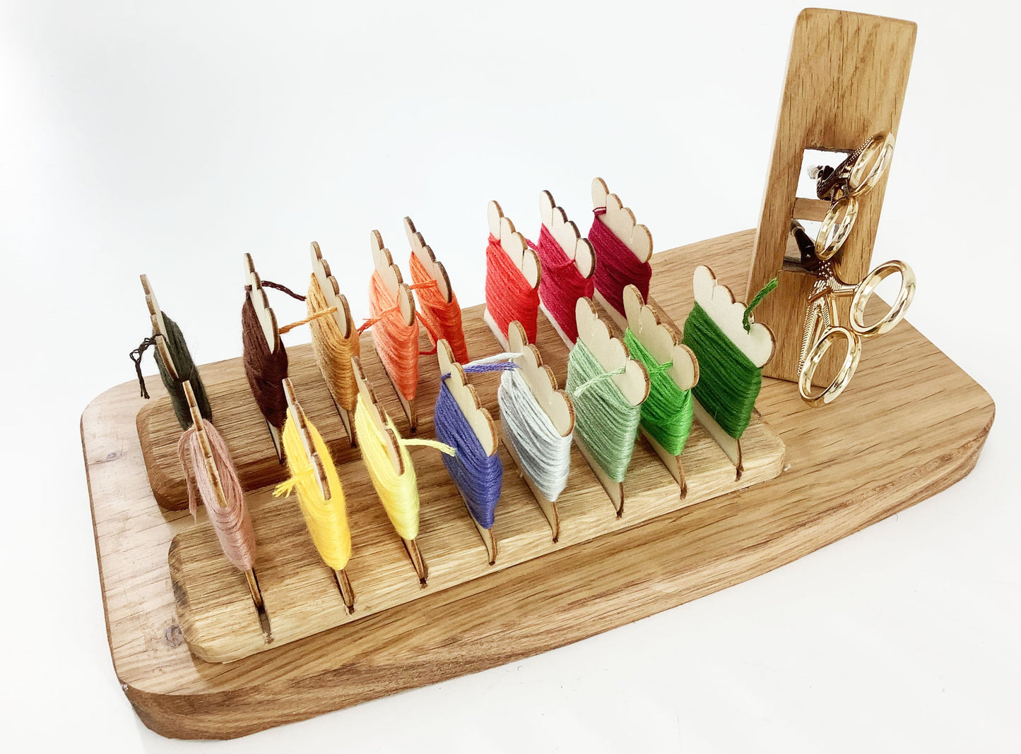 Wooden Floss Bobbin Rack with Scissors Storage. Solid Oak Embroidery Thread Bobbin Holder. Handcrafted Craft Caddy