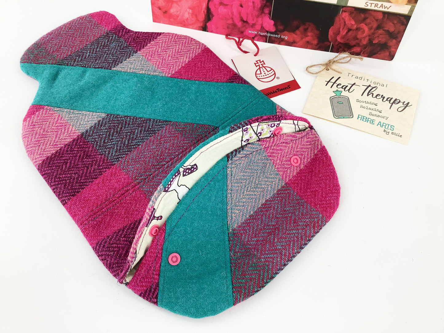 Harris Tweed Hot Water Bottle Cover. Wool Flower Raw Edge Applique Jade Pink Patchwork