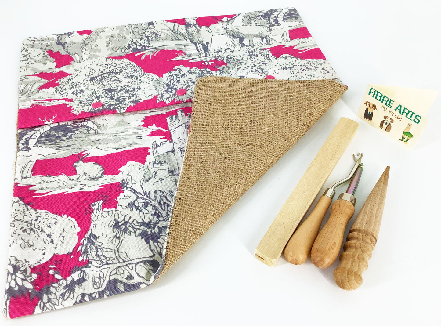 Beginners Rag Rug Cushion Kit Kit. . Rag Rug Tools and Designer Pink Print Cotton Burlap Finished Cushion