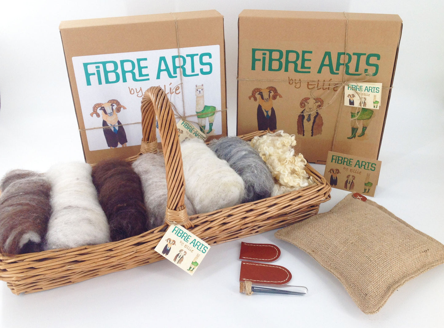 Needle Starter Felting Kit. Hessian Matt, 200g British Carded Wool. Hand Stitched Leather Hide Finger Protectors, 10 Felting Needles
