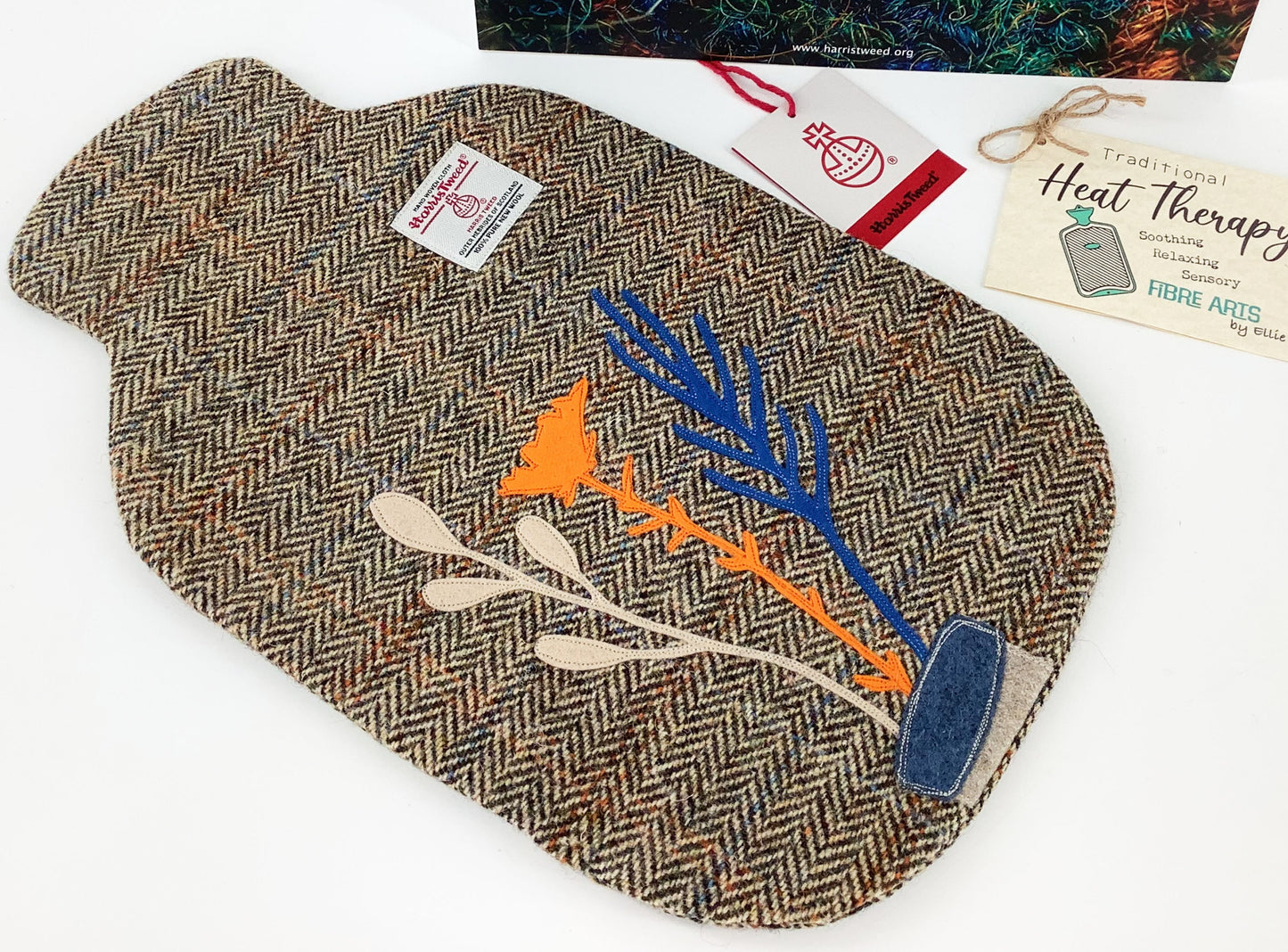 Harris Tweed Hot Water Bottle Cover. Delicate Flower Wool Applique. Heat Therapy Relaxation Mindfulness Gift for Her