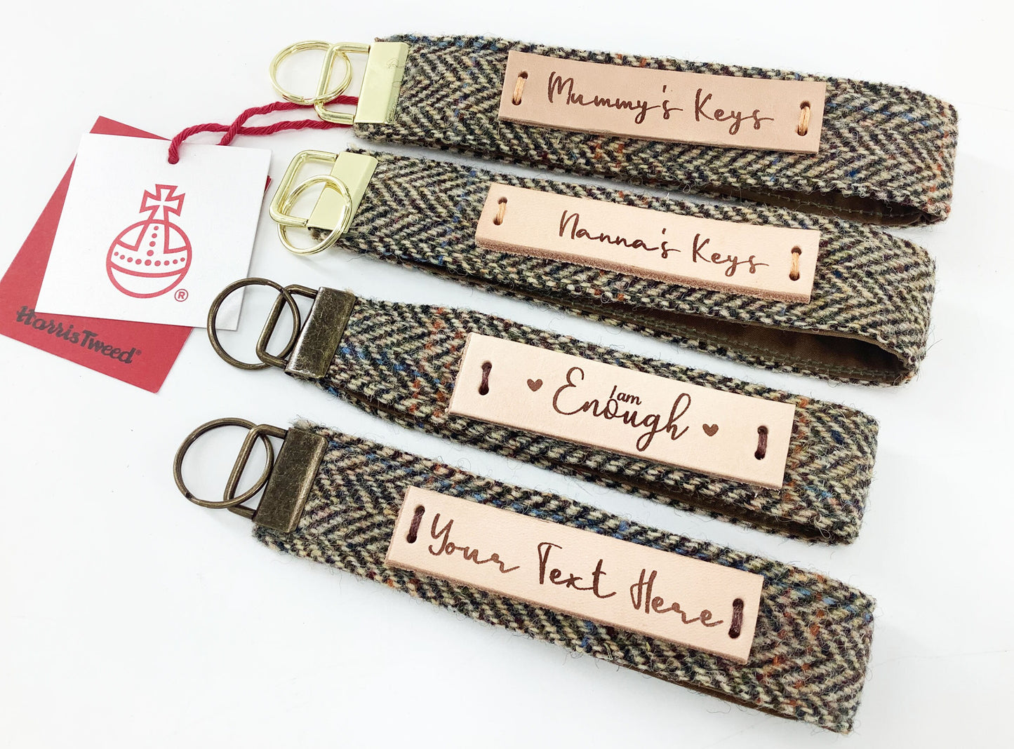 Custom Harris Tweed Keyring. Personalised Leather Tag Key Fob Wristlet Hand Crafted Gift