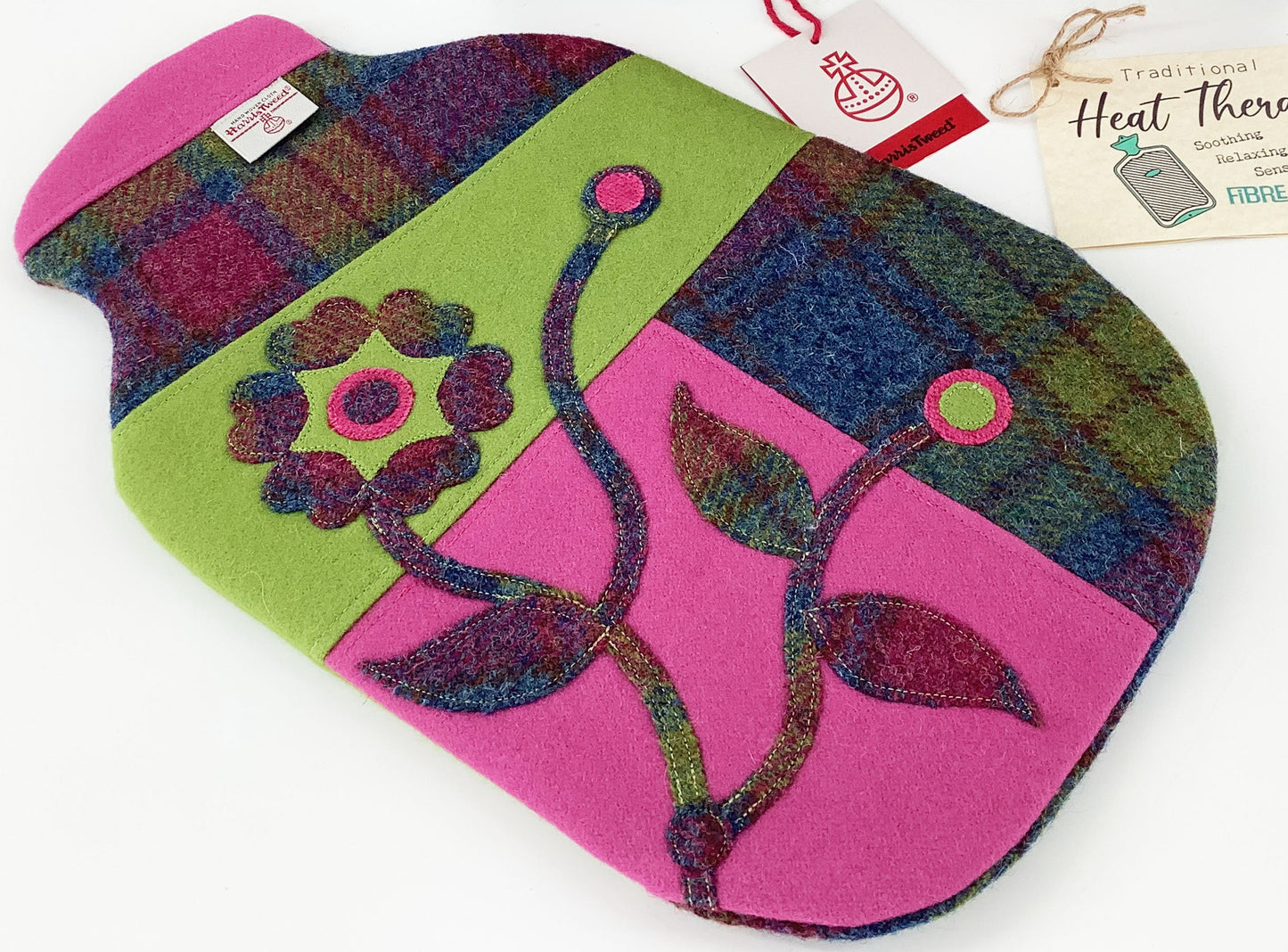 Harris Tweed Hot Water Bottle Cover Patchwork Wandering Flower Applique. Wool Heat Therapy Relaxation Mindfulness Eco Gift for Her