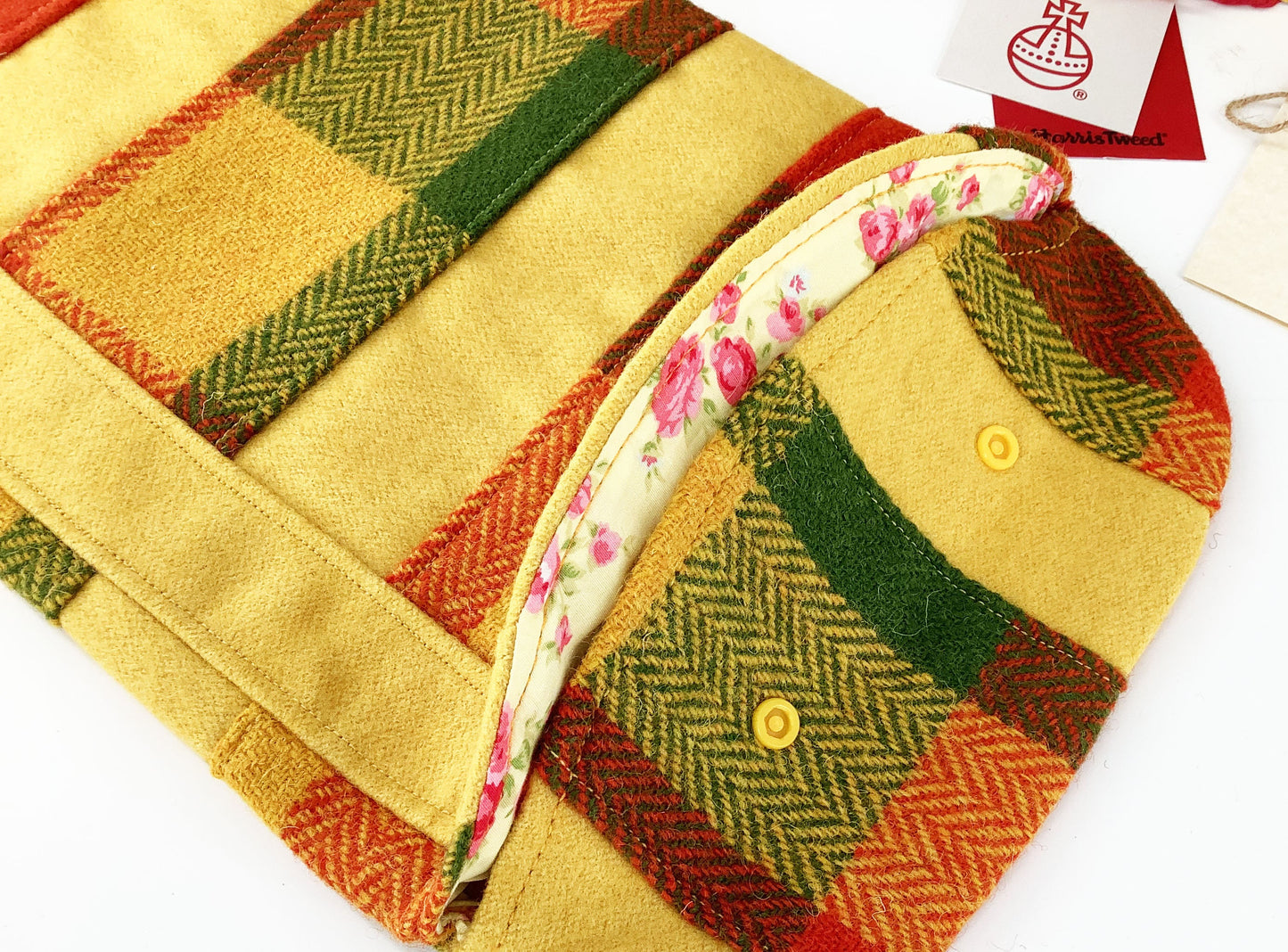 Harris Tweed Hot Water Bottle Cover Golden Yellow Patchwork Leaf Applique. Heat Therapy Relaxation Mindfulness Eco Gift for Her