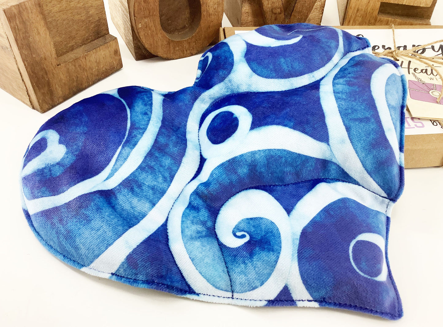 Indigo Shibori Print Heart Shaped Wheat Bag. Lavender Scented or Unscented Warming Handmade Heat Therapy Gift