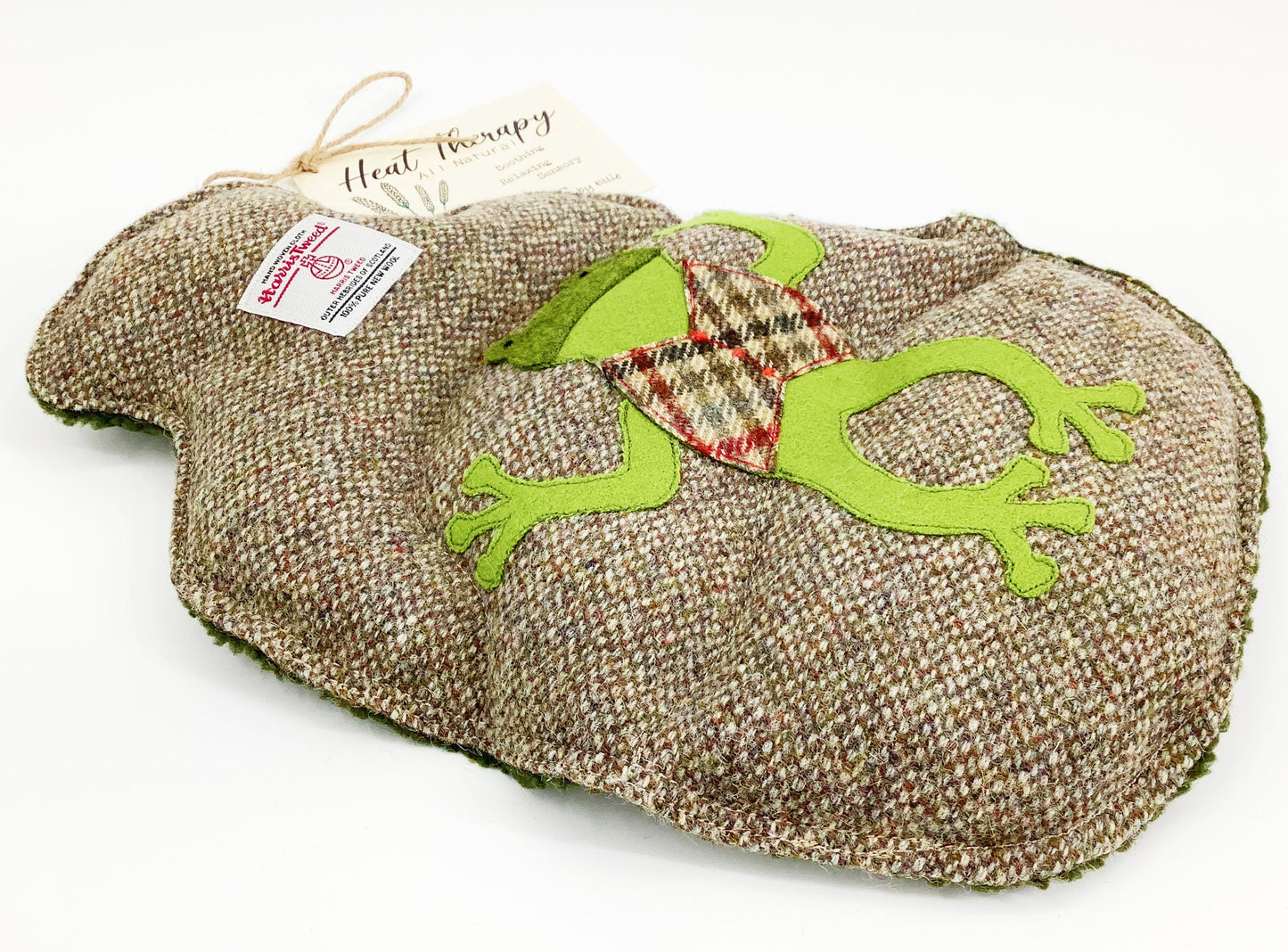 Frog Wheat Bag. Harris Tweed Wool Applique & Sherpa Fleece. Hot Water Bottle Option. Scented or Unscented Mindfulness Gift. Handmade