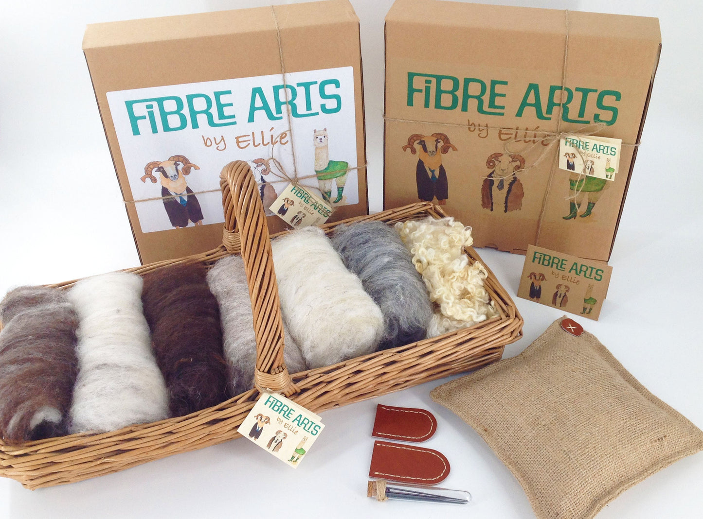Needle Starter Felting Kit. Hessian Matt, 200g British Carded Wool. Hand Stitched Leather Hide Finger Protectors, 10 Felting Needles