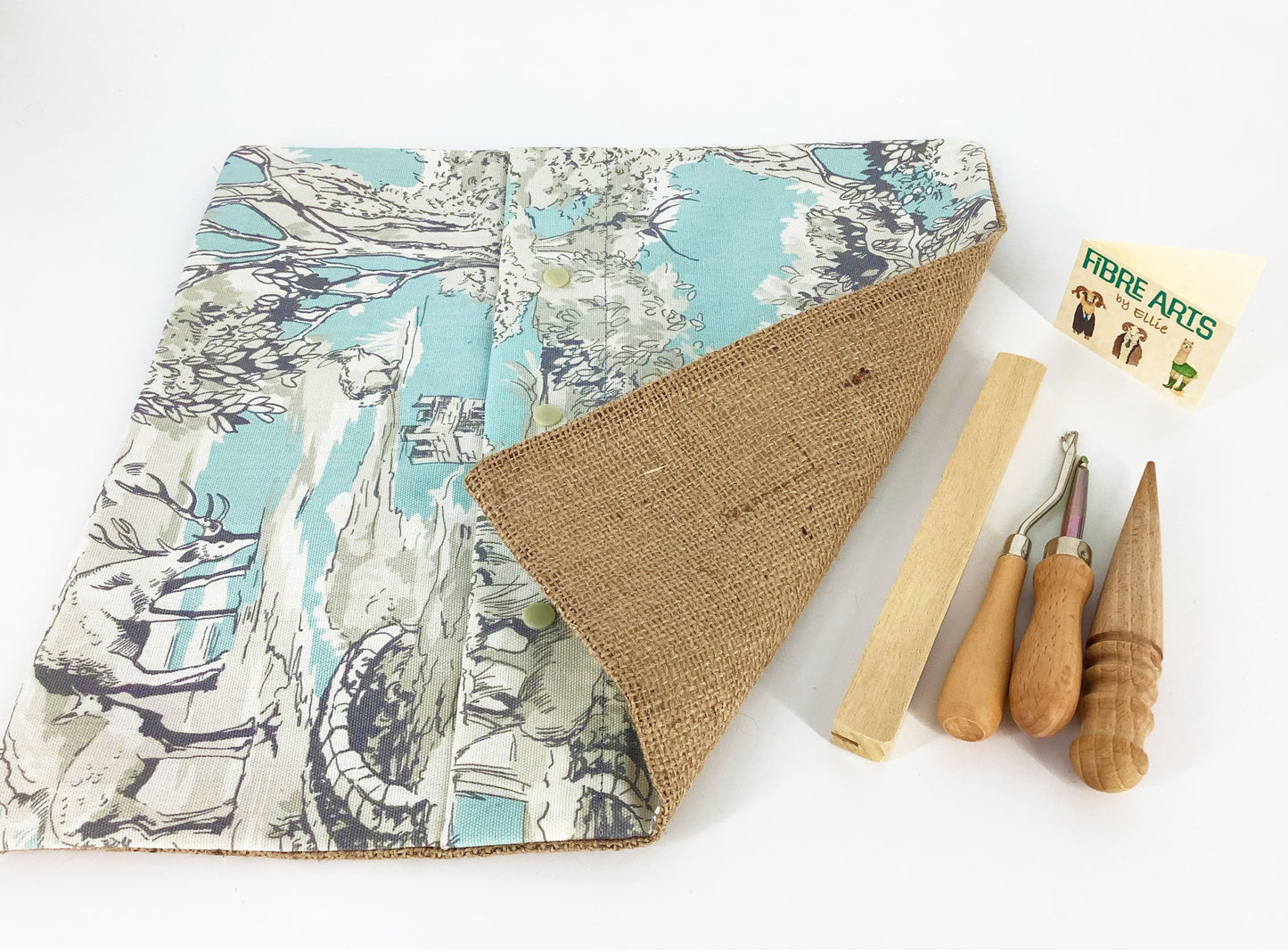 Beginner Easy No Sew Rag Rug Kit. Rug Making Tools and Pale Blue Print Cotton and Burlap Finished Cushion