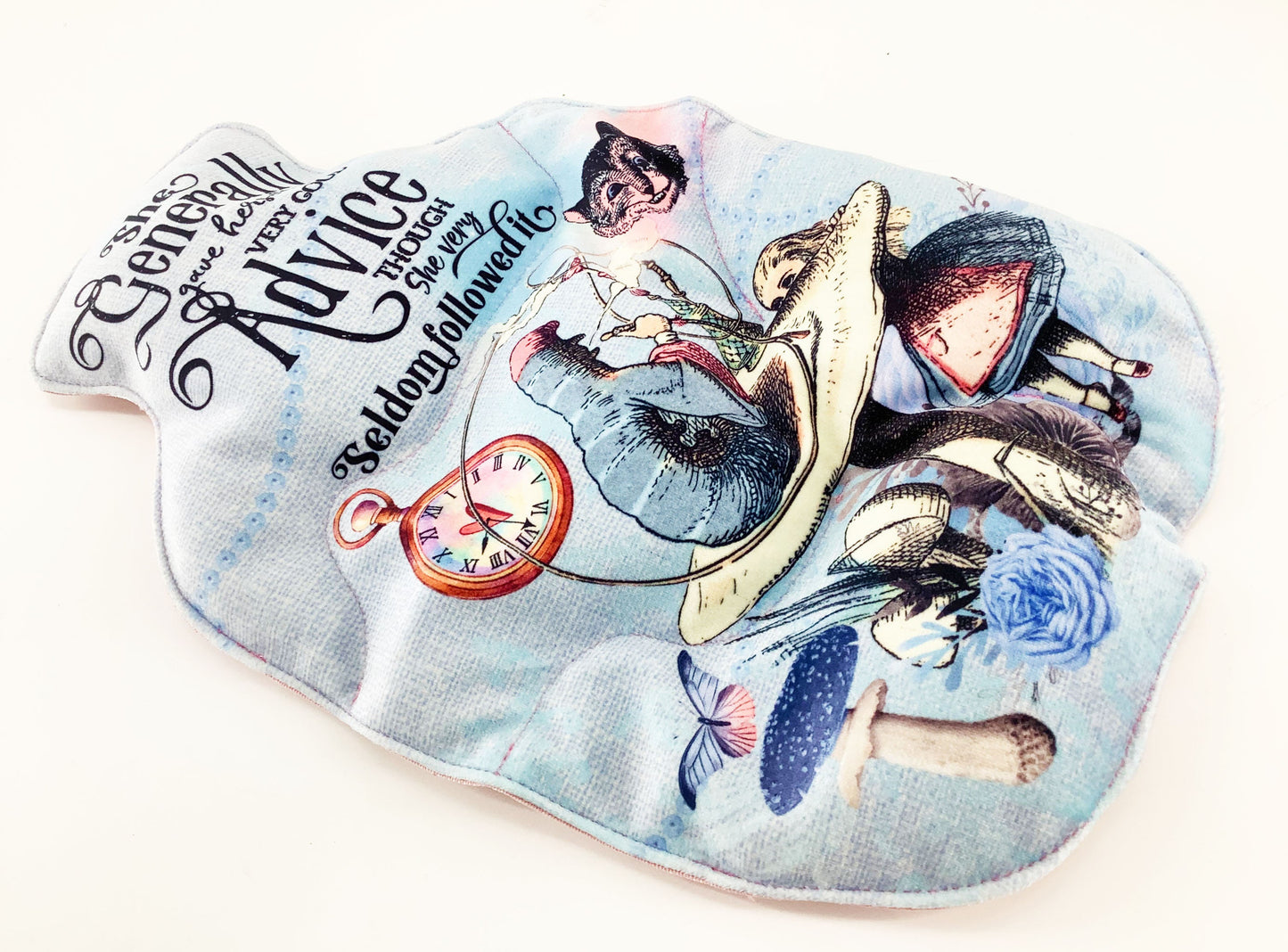 Alice In Wonderland Wheat Bag. Hot Water Bottle Shaped Heat Pack. Personalised Handcrafted Heat Therapy Gift