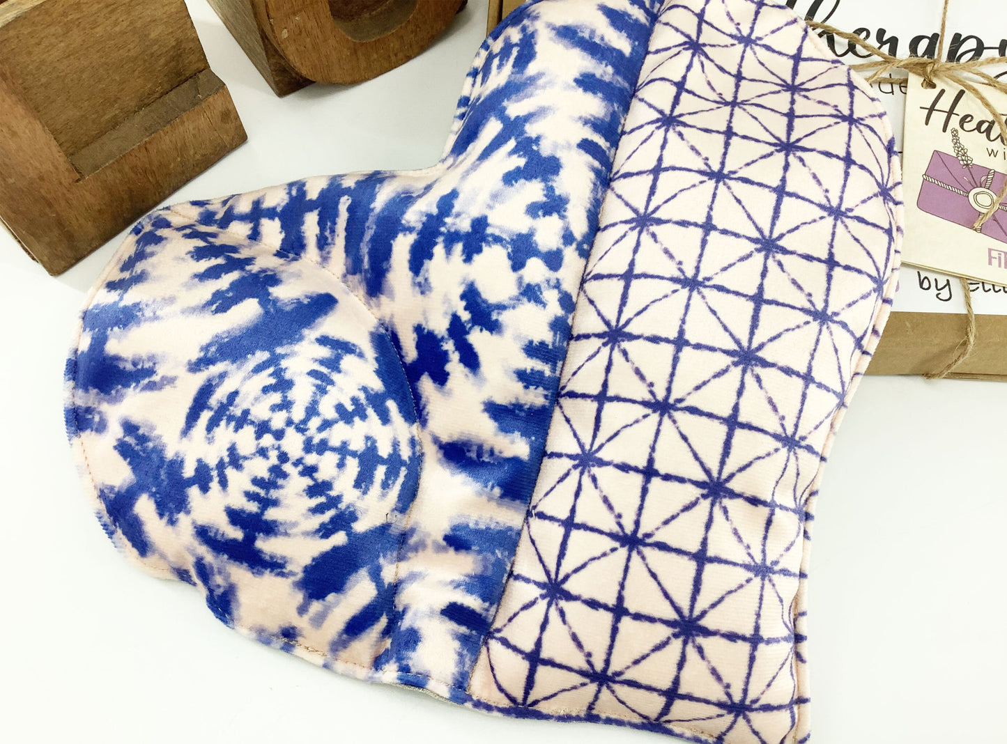 Japanese Shibori Print Heart Shaped Wheat Bag. Scented or Unscented Handmade Heat Therapy Wellness Gift