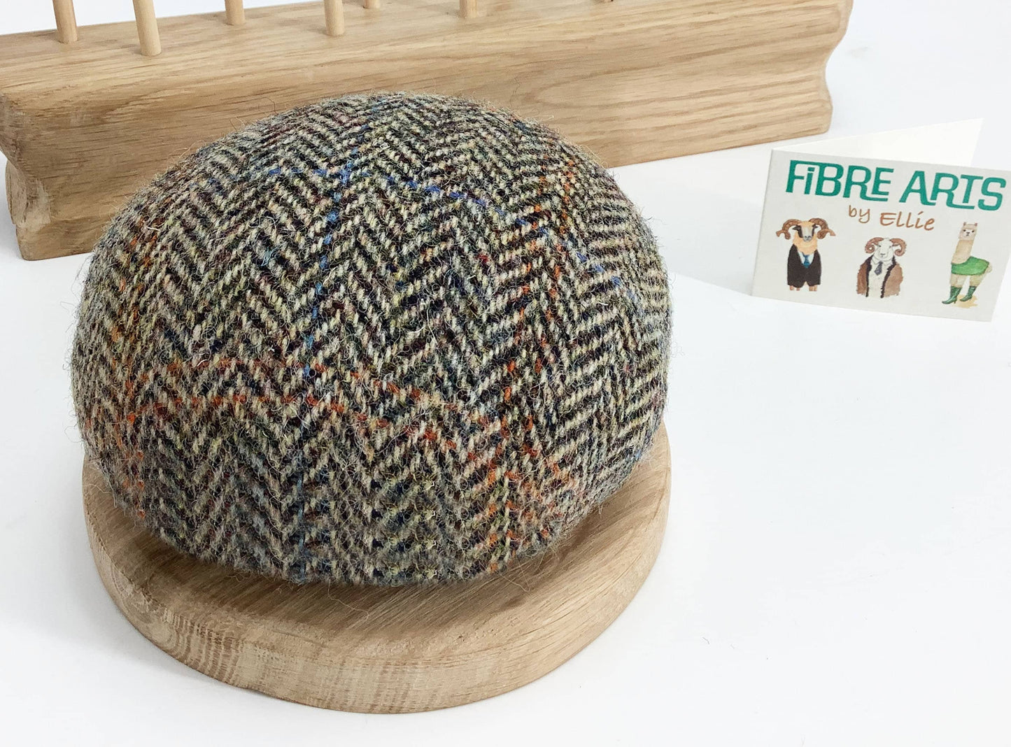 Wooden Bobbin Spool Holder. Sewing Caddy Stand Large Pin Cushion Set. Harris Tweed Solid Oak Hand Crafted Craft Storage