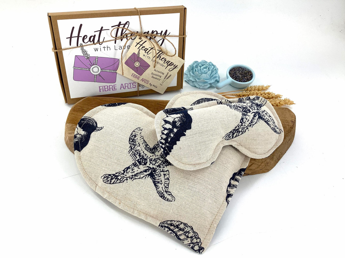 Lavender Seashells Wheat Bag Gift Set. Heart Microwave Wheat Bag and Eye Pillow with covers. Aromatherapy Warming Heat Therapy. Handcrafted