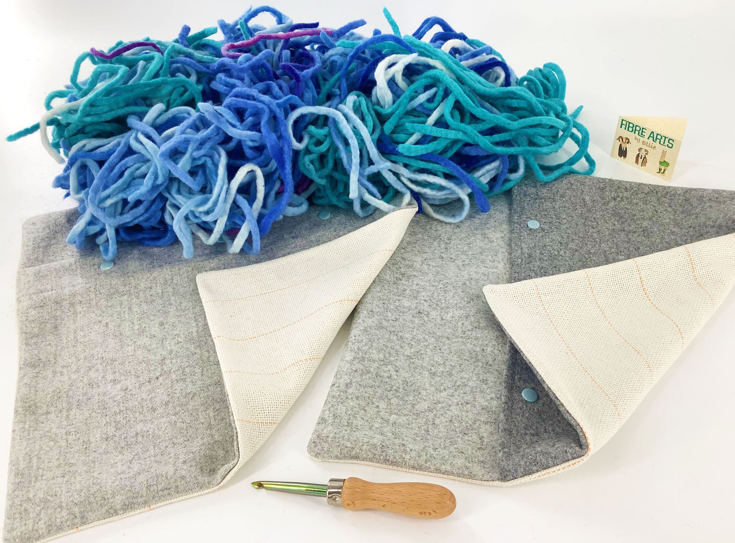 No Sew 100% Wool Rag Rug Kit. Wool Cotton Monks Cloth Cushions, Rug Hook, Wool Fabric in Sea Blue Shades