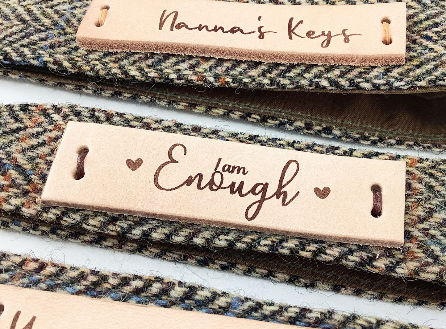 Custom Harris Tweed Keyring. Personalised Leather Tag Key Fob Wristlet Hand Crafted Gift