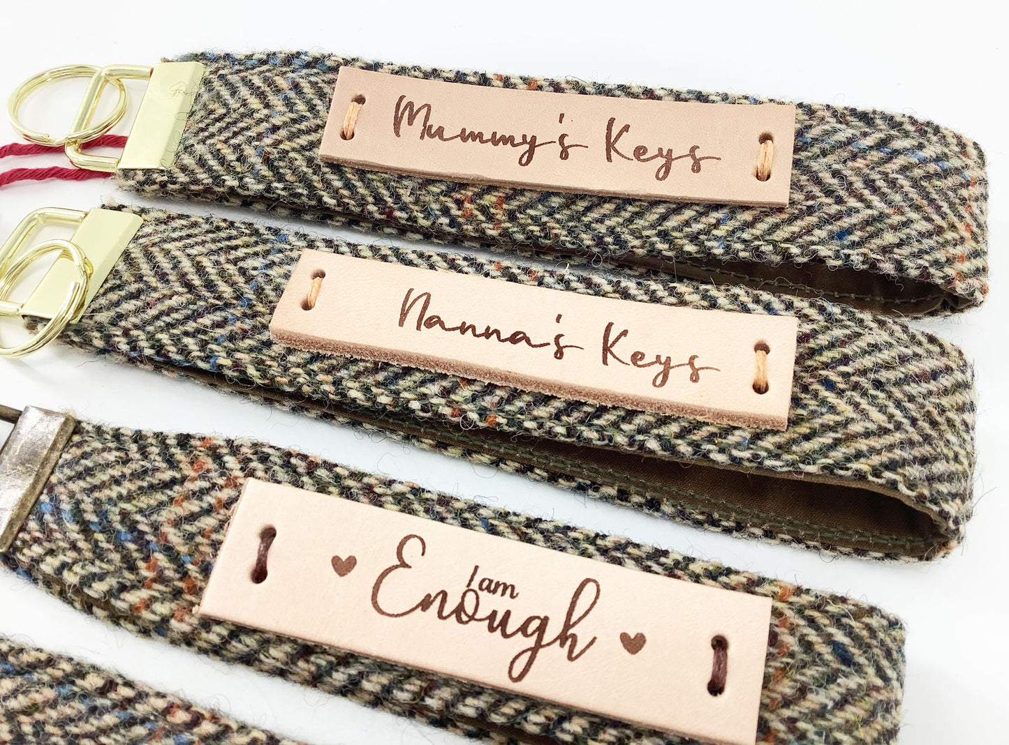 Custom Harris Tweed Keyring. Personalised Leather Tag Key Fob Wristlet Hand Crafted Gift