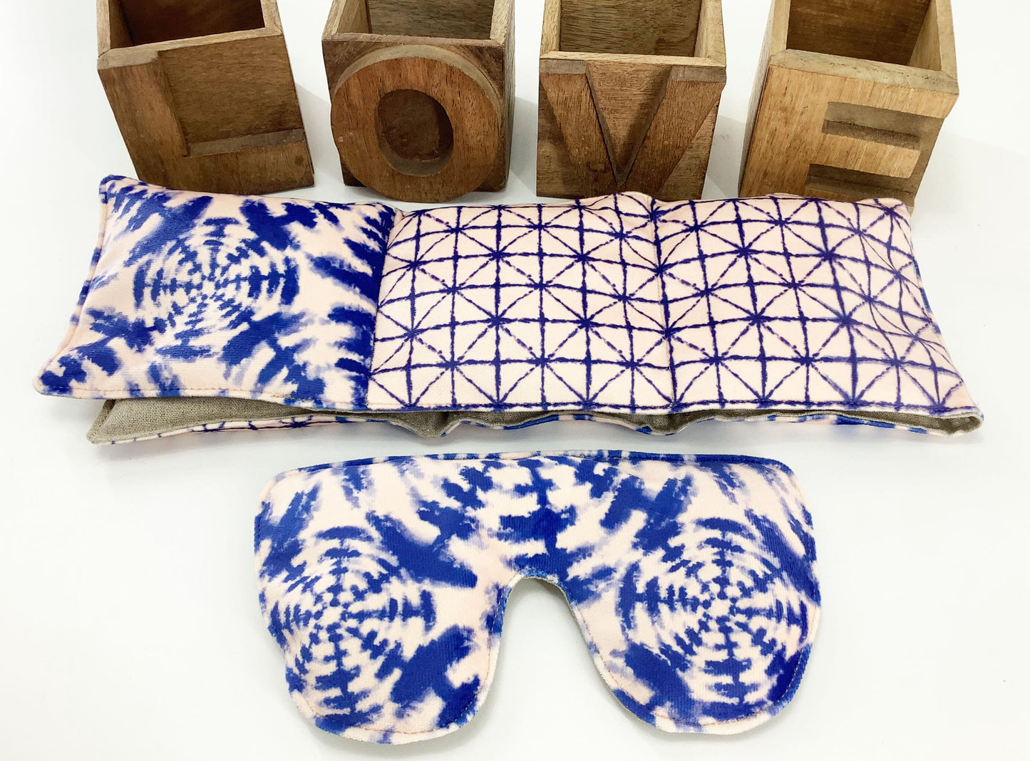 Extra Long 78cm Wheat Bag Neck Wrap Weighted Eye Pillow Gift Set. Shibori Print Scented or Unscented Handmade Heat Wellness Gift