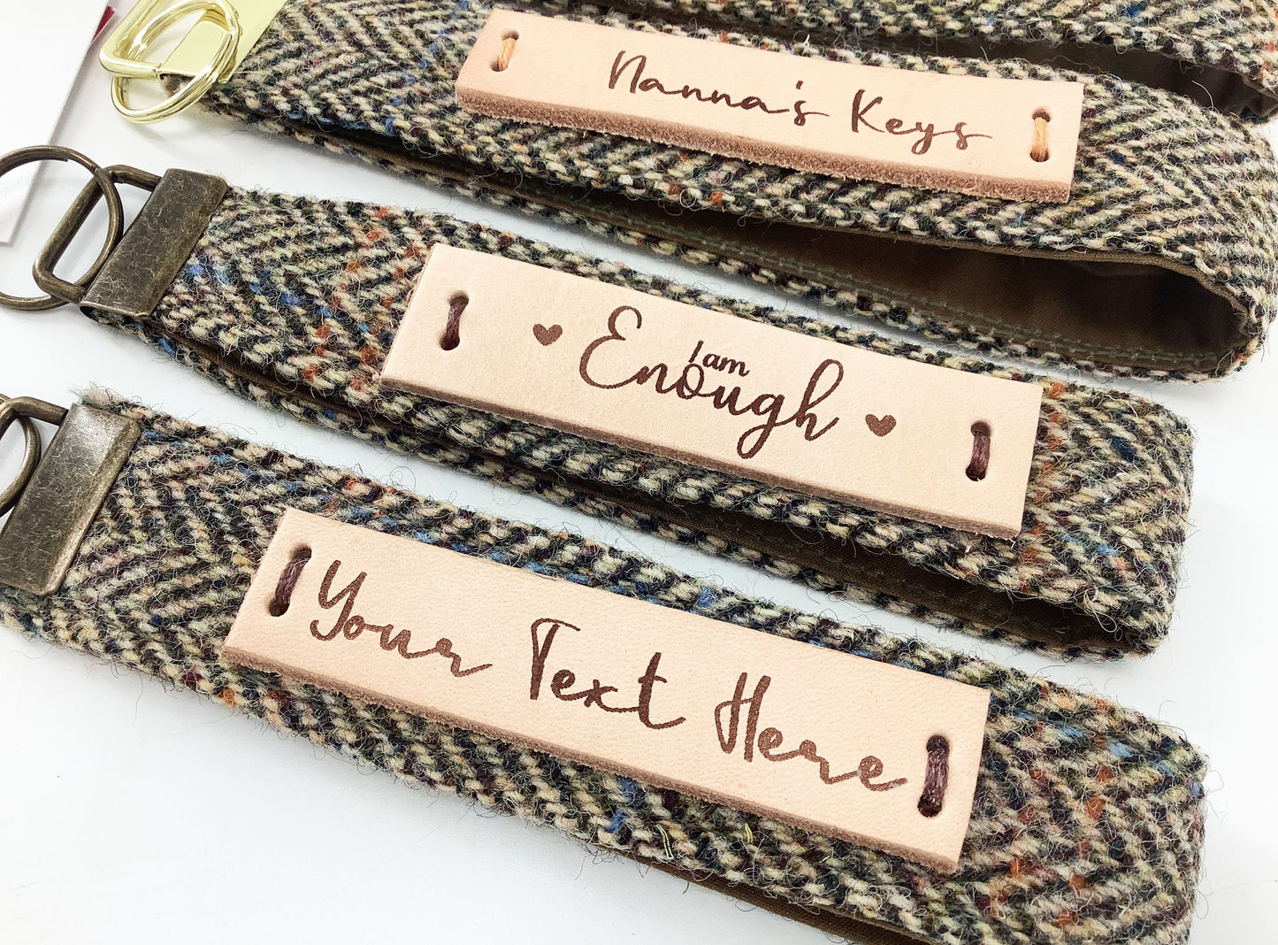 Custom Harris Tweed Keyring. Personalised Leather Tag Key Fob Wristlet Hand Crafted Gift