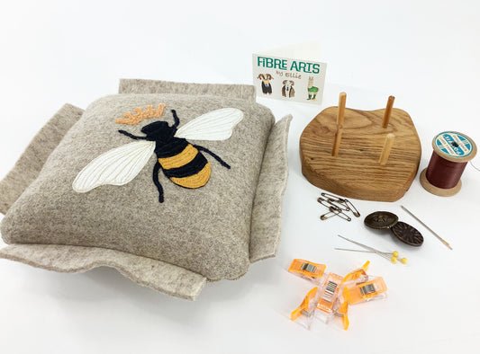 Queen Bee Pin Cushion Oak Wooden Thread Spool Bobbin Holder Set. Hand Crafted Eco Sewing Gift