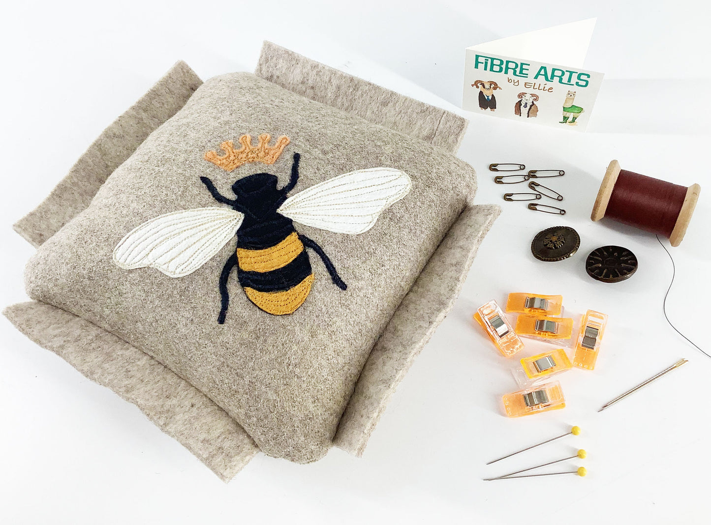 Bee Pin Cushion. 17cm Large Wool Pin, Needle And Clip Organiser. Hand Crafted Eco Applique Sewing Gift