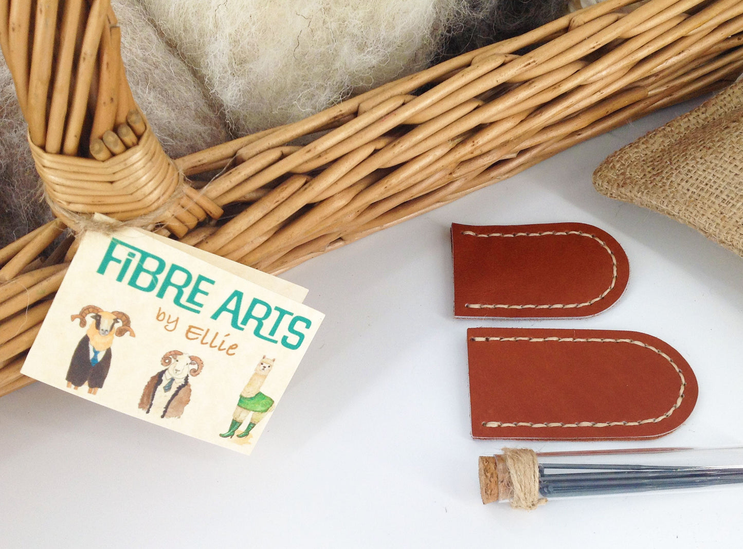 Needle Starter Felting Kit. Hessian Matt, 200g British Carded Wool. Hand Stitched Leather Hide Finger Protectors, 10 Felting Needles