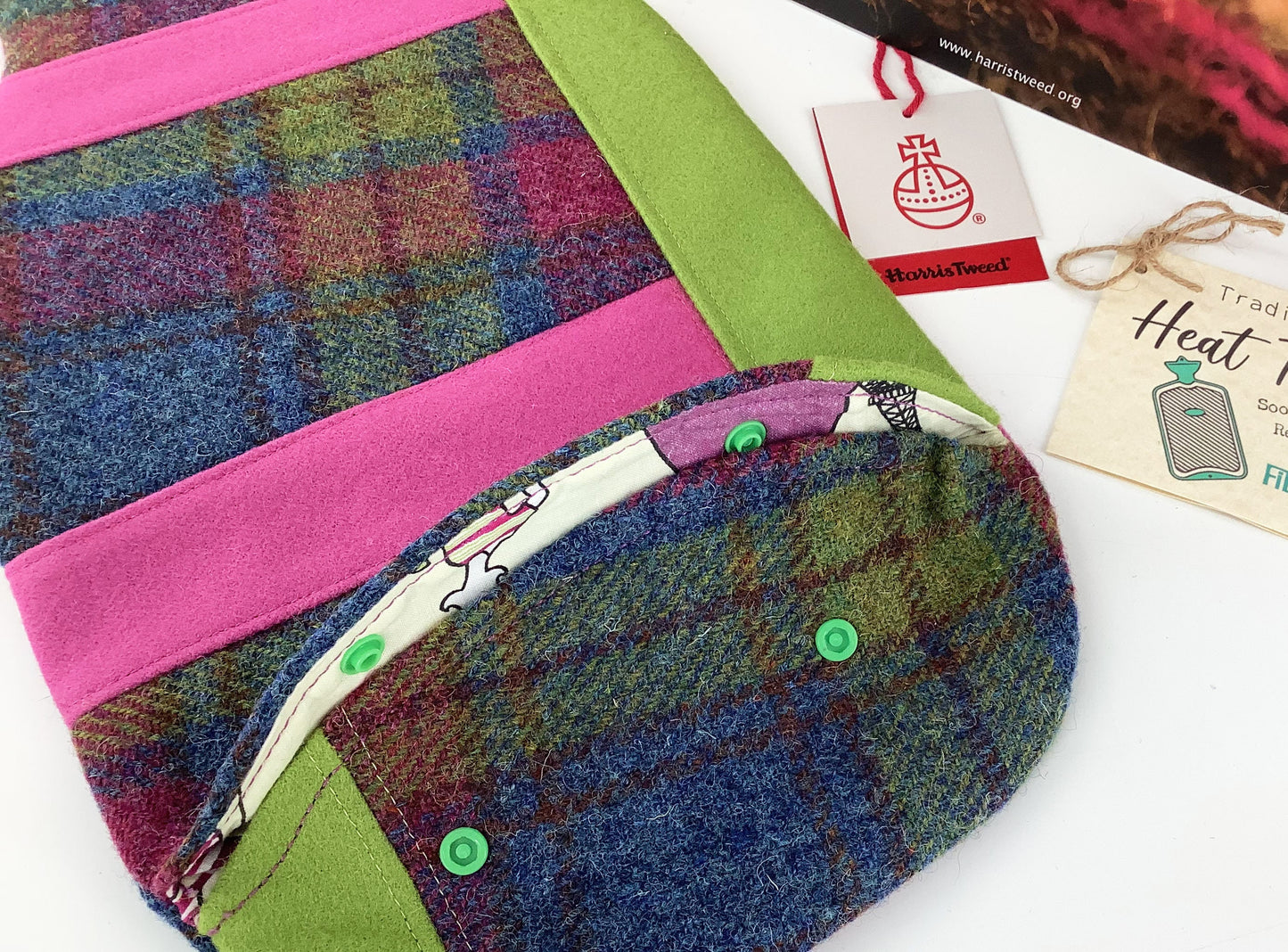 Harris Tweed Hot Water Bottle Cover Patchwork Wandering Flower Applique. Wool Heat Therapy Relaxation Mindfulness Eco Gift for Her