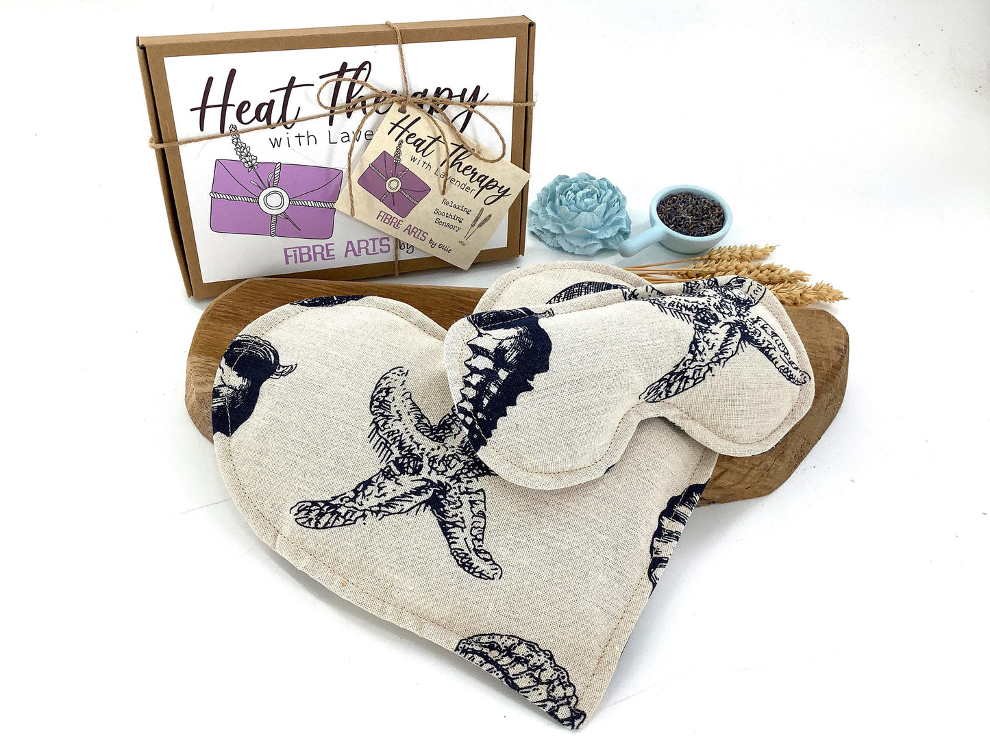 Lavender Seashells Wheat Bag Gift Set. Heart Microwave Wheat Bag and Eye Pillow with covers. Aromatherapy Warming Heat Therapy. Handcrafted