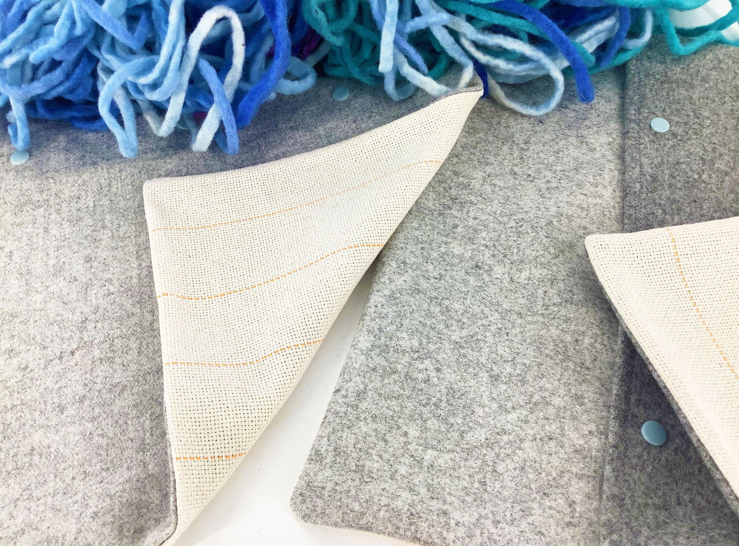 No Sew 100% Wool Rag Rug Kit. Wool Cotton Monks Cloth Cushions, Rug Hook, Wool Fabric in Sea Blue Shades