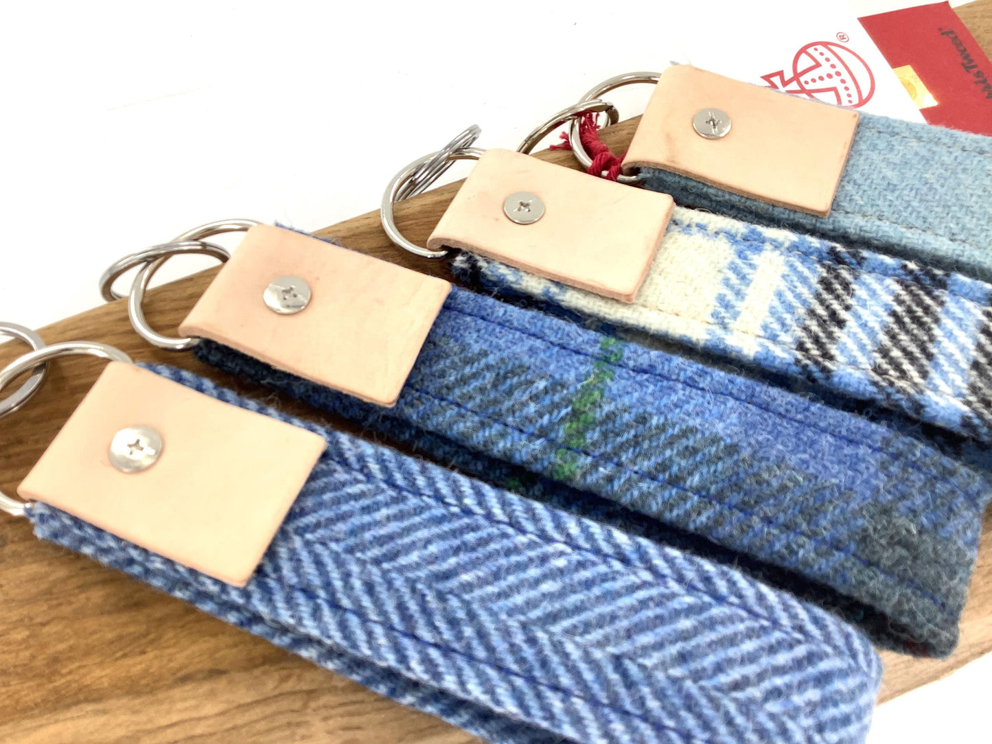 Harris Tweed Keyring with Natural Leather Hide Trim. Handcrafted Personalised Wool Gift