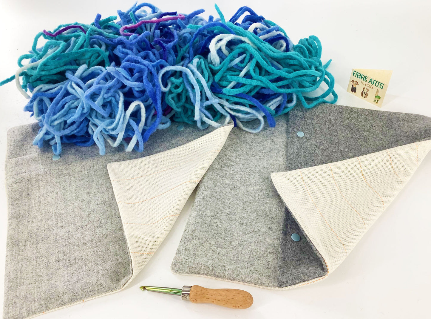 No Sew 100% Wool Rag Rug Kit. Wool Cotton Monks Cloth Cushions, Rug Hook, Wool Fabric in Sea Blue Shades